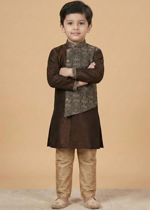 Brown Dupion Silk Kids Kurta Pajama With Embroidery