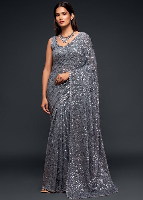 Buy Indian Sarees Online USA in thread & Sequins Embroidered in Georgette Grey