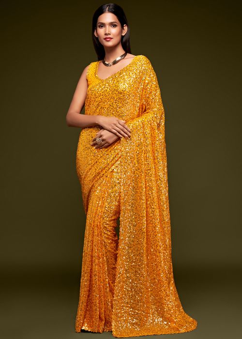Yellow Sequined Georgette Saree For Party Wear
