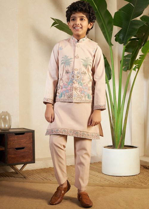 Peach Kids Kurta Pajama With Embroidered Jacket