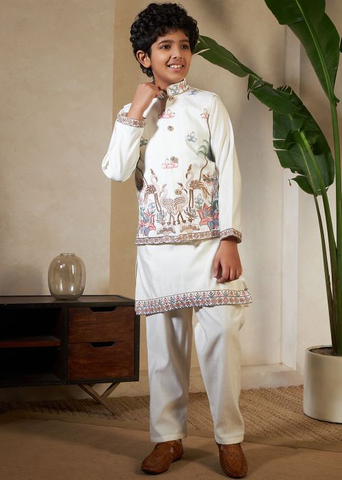 White Viscose Kids Kurta Pajama With Thread Jacket