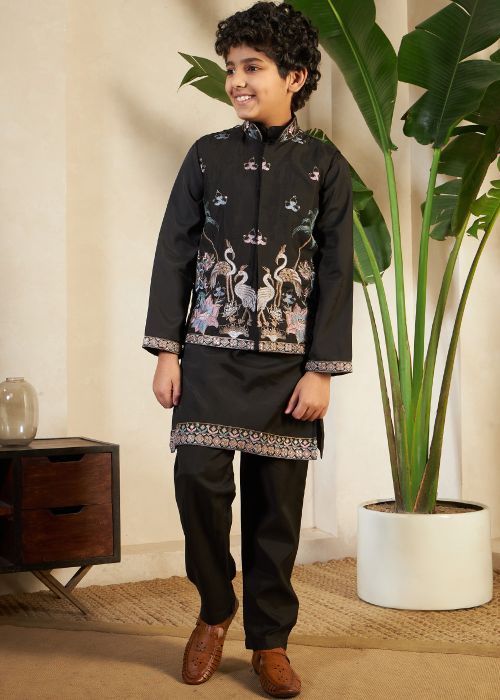 Black Viscose Kids Kurta Pajama With Embellished Jacket