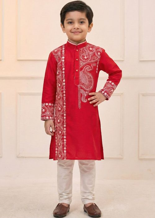 Red Kids Kurta Pajama With Thread Accents