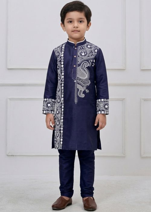Navy Blue Kids Kurta Pajama With Thread Highlight