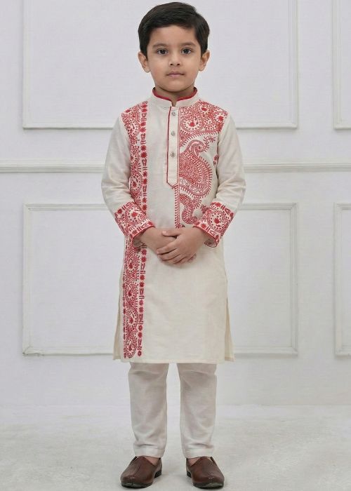 White Kids Kurta Pajama With Thread Detailing