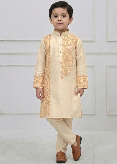 Golden Kids Kurta Pajama With Thread Work