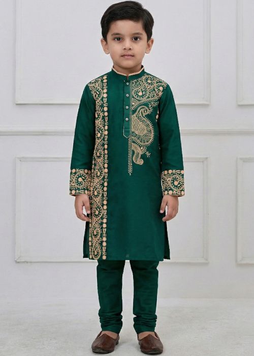 Green Kids Kurta Pajama With Thread Embroidery