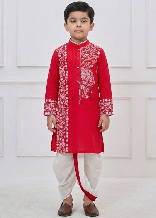 Red Viscose Dhoti Kurta Set With Thread Work