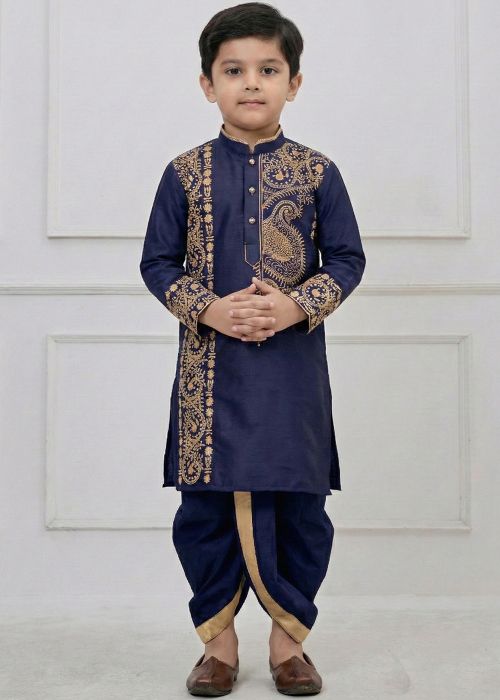 Navy Blue Viscose Dhoti Kurta Set With Embroidery