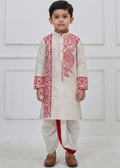 Off White Viscose Dhoti Kurta Set With Thread Work
