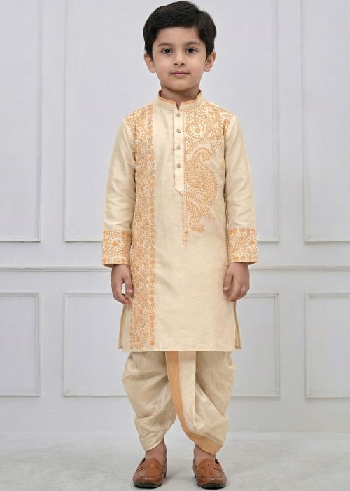 Golden Viscose Dhoti Kurta Set With Embroidery