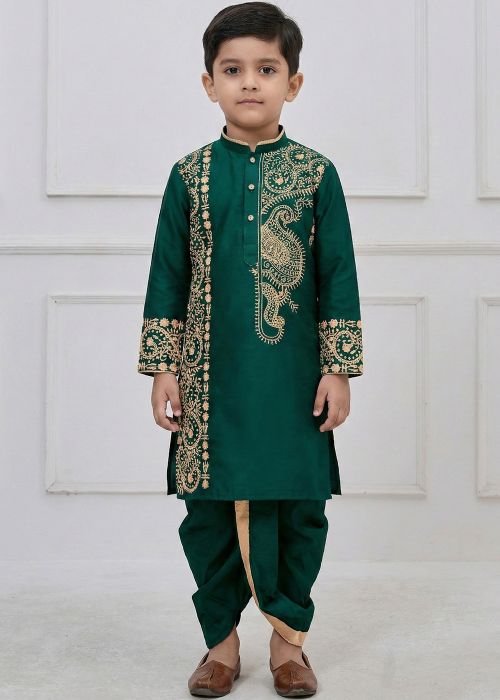 Green Viscose Dhoti Kurta Set With Thread Embroidery
