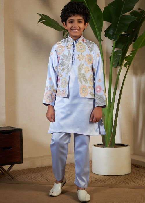 Powder Blue Satin Kids Kurta Pajama With Jacket