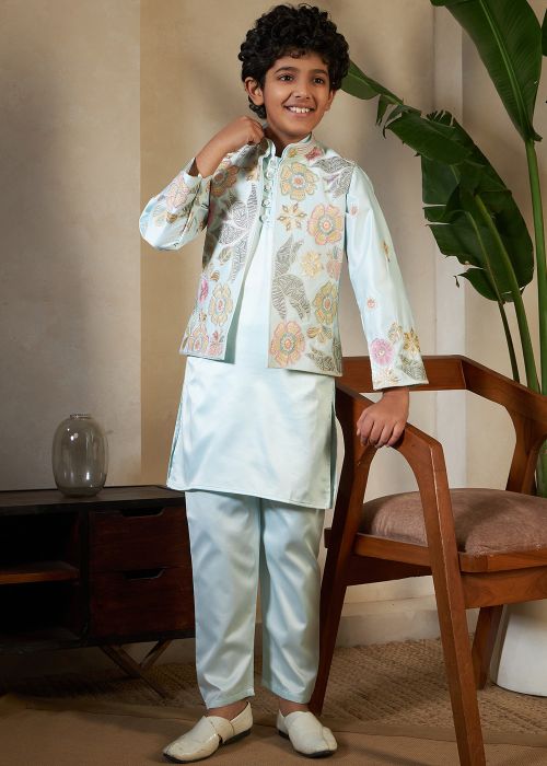 Mint Blue Satin Kids Kurta Pajama With Embroidered Jacket