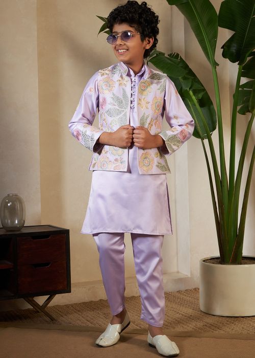 Lavender Satin Kids Kurta Pajama With Floral Jacket