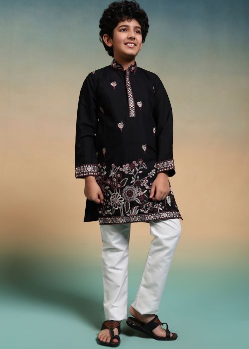Black Viscose Kids Kurta Pajama with Floral Work
