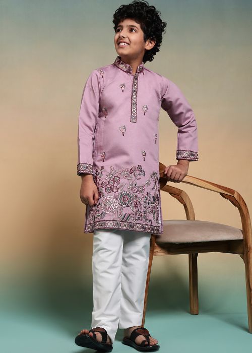 Lavender Viscose Kids Kurta Pajama with Embroidery