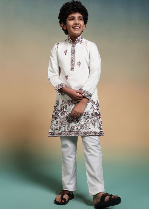 White Viscose Kids Kurta Pajama with Floral Motifs