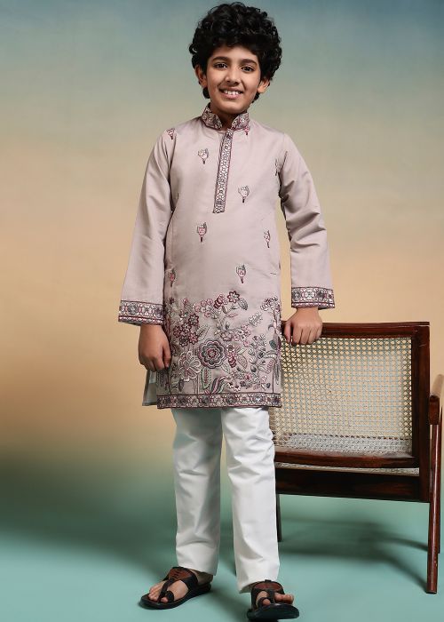Beige Viscose Kids Kurta Pajama with Thread Work