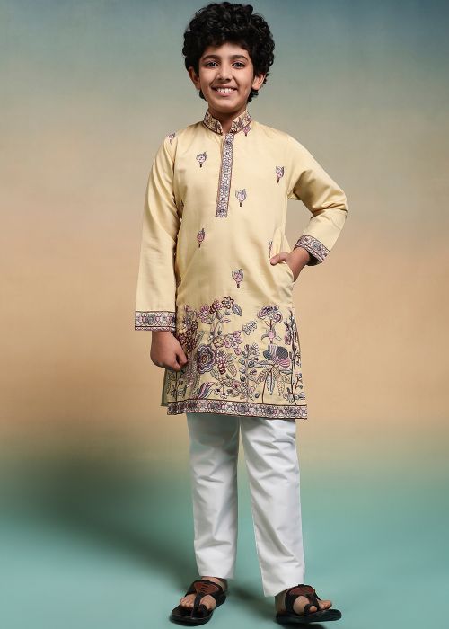 Yellow Viscose Kids Kurta Pajama with Floral Detail
