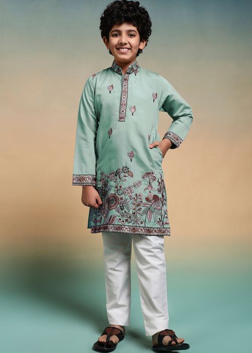 Mint Green Viscose Kids Kurta Pajama with Embroidery