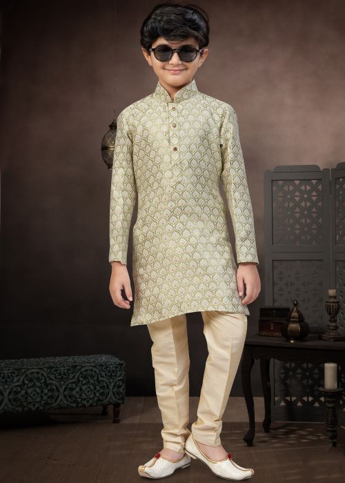 Green Kids Kurta Pajama With Woven Motifs