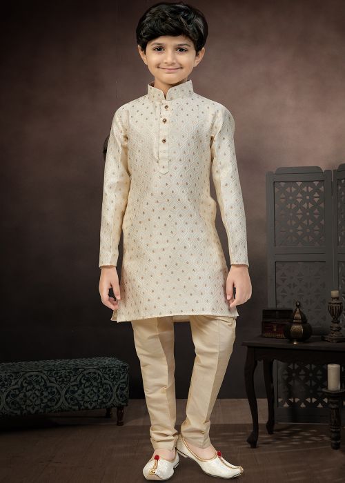 Cream Kids Kurta Pajama With Woven Buti