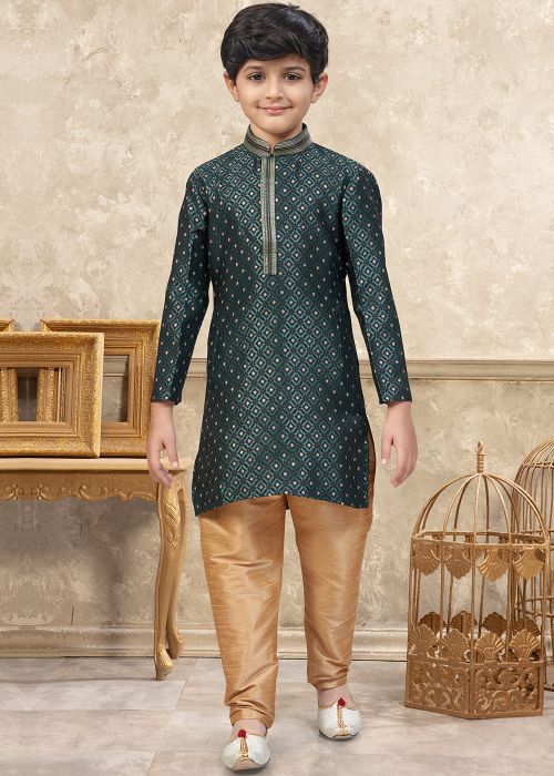 Green Kids Kurta Pajama With Woven Work