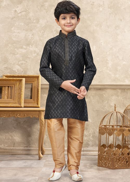Black Kids Kurta Pajama With Woven Highlights
