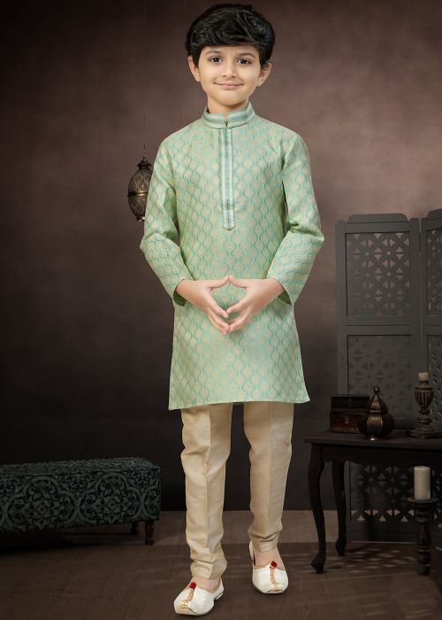 Green Kids Kurta Pajama With Woven Motifs