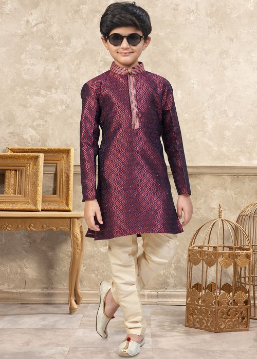 Wine Kids Kurta Pajama With Woven Accents