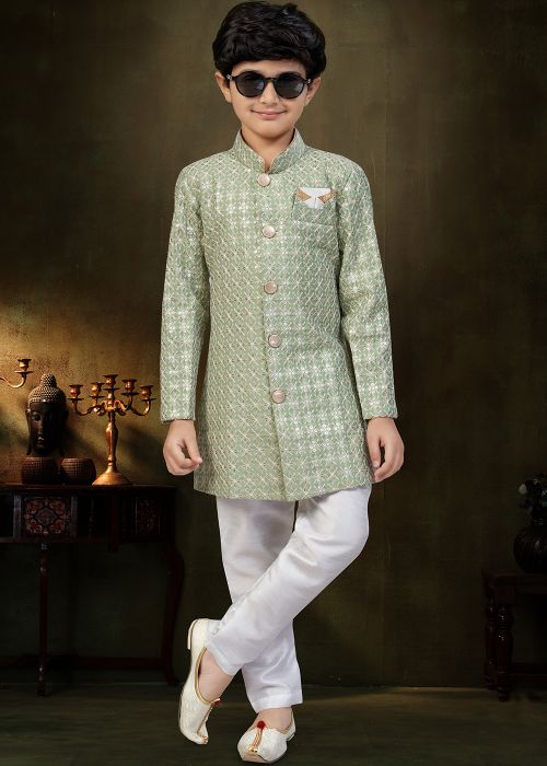 Mint Green Kids Sherwani With White Pant