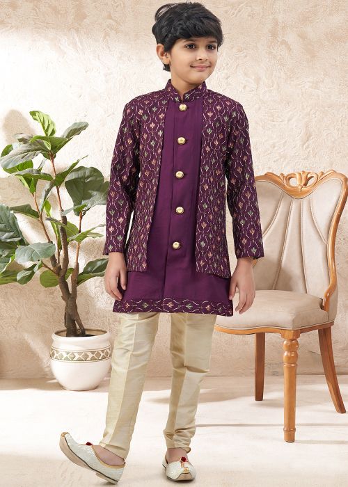 Purple Kids Indo Western Set With Attached Jacket