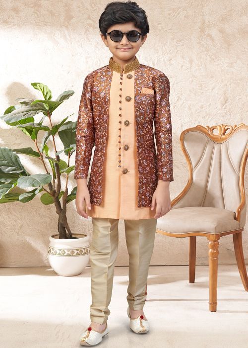 Maroon Kids Indo Western Sherwani With Woven Work