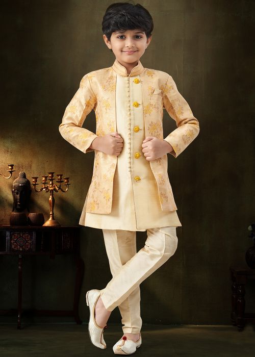 Cream Kids Sherwani Set With Floral Work