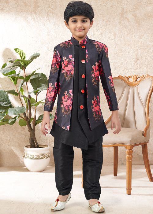 Black Banarasi Silk Floral Kids Sherwani Set