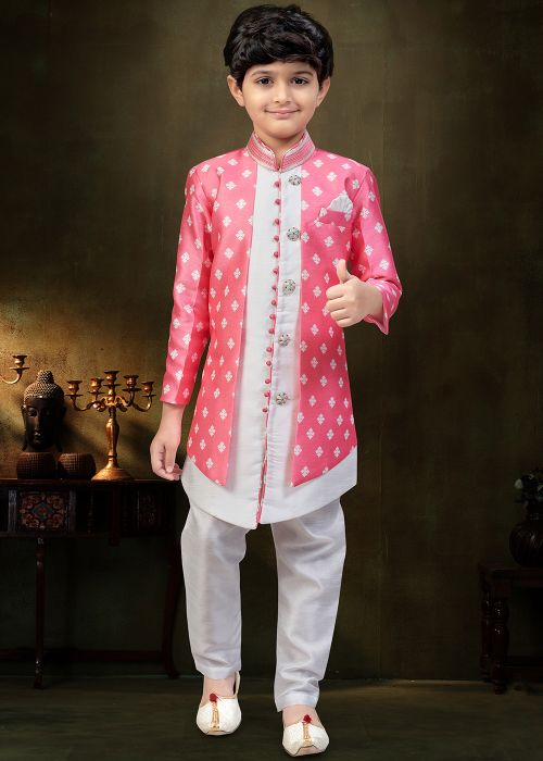 Pink Banarasi Silk Kids Sherwani With Printed Motifs