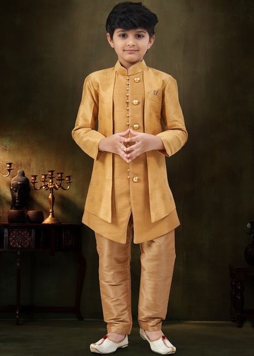 Golden Banarasi Silk Kids Sherwani Set With Buttons