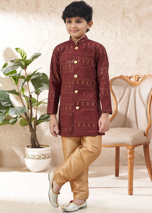 Maroon Silk Kids Sherwani Set With Gold Motifs
