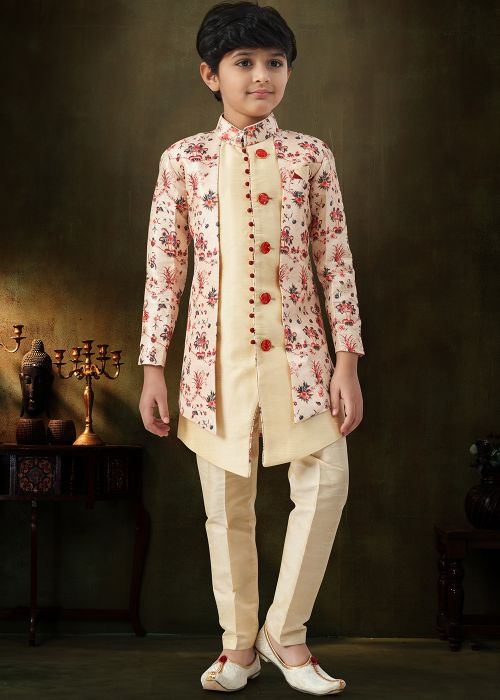 Cream Kids Printed Indo Western Sherwani Set