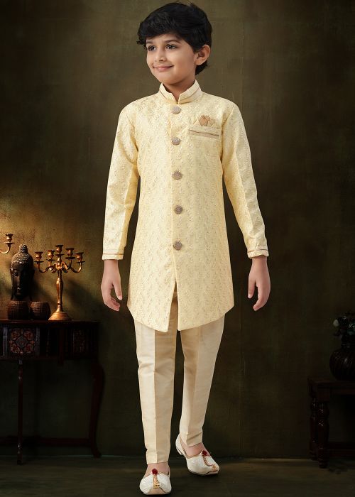 Yellow Silk Kids Indo Western Sherwani With Embroidery