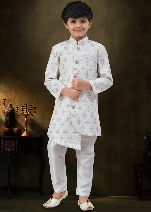Off White Kids Embroidered Indo Western Sherwani