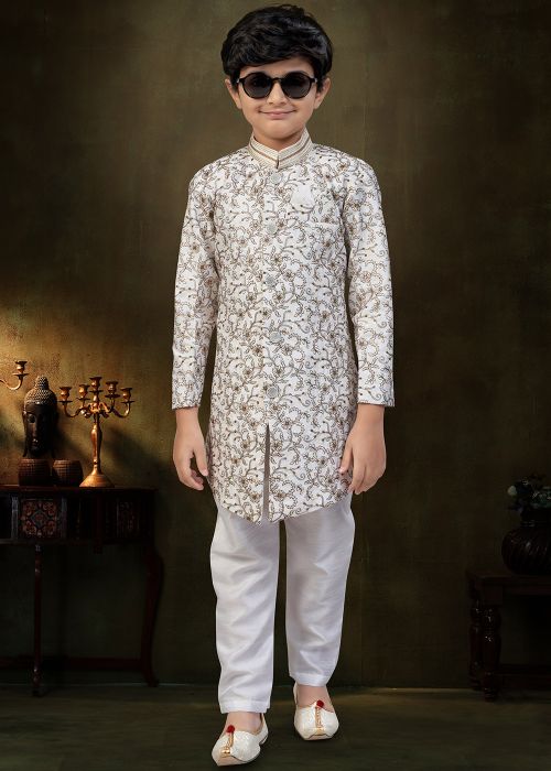 Off White Silk Kids Embroidered Sherwani Set