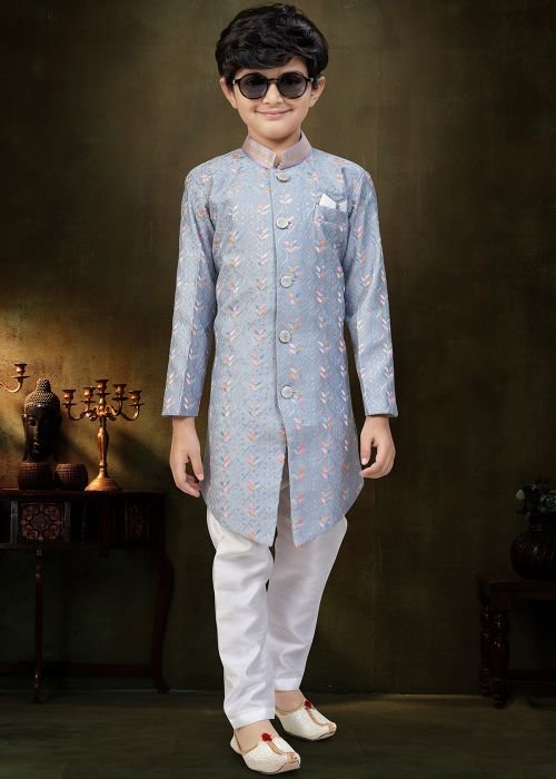 Grey Kids Indo Western Sherwani With Thread Motifs