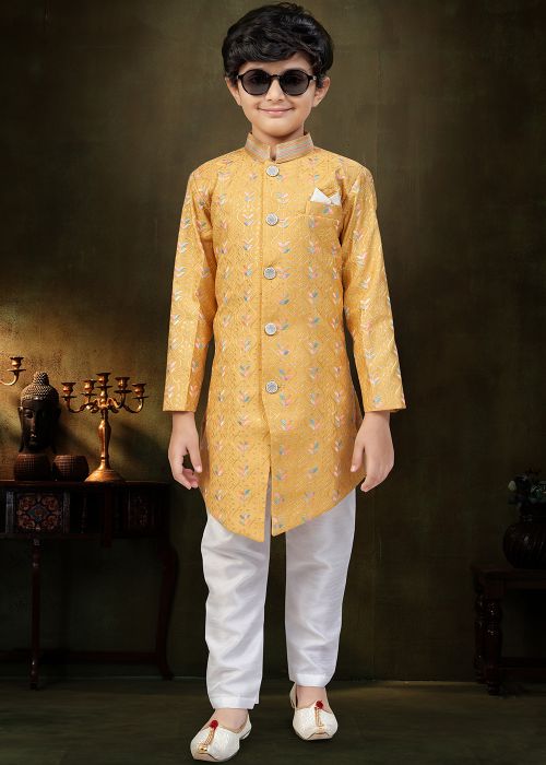 Mustard Yellow Kids Indo Western Sherwani Set