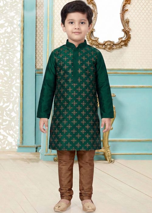 Dark Green Kids Kurta Pajama Wit Thread Embroidery