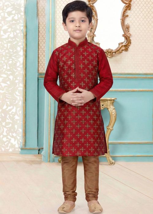 Red Kids Kurta Pajama With Thread Work