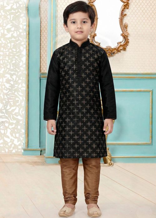 Black Kids Kurta Pajama With Thread Work
