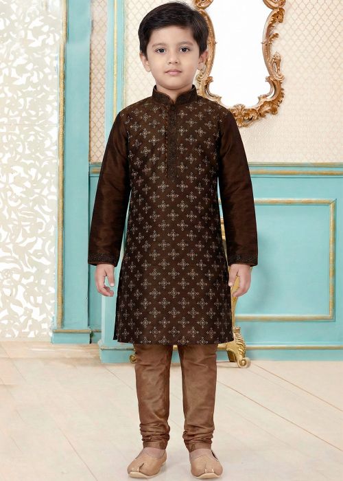 Brown Dupion Silk Kids Embroidered Kurta Pajama