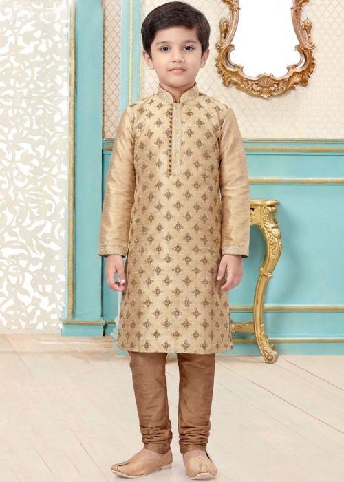 Beige Embroidered Kids Kurta Pajama Set